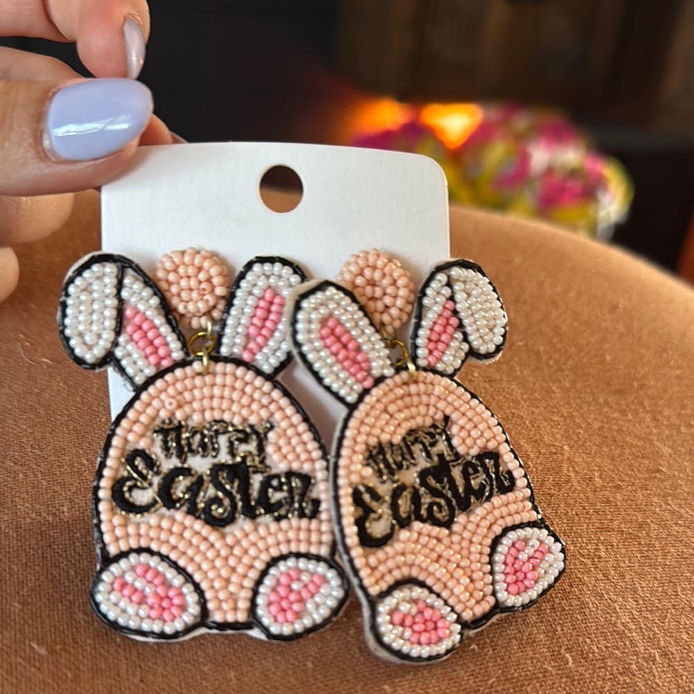 Boutique Easter Bunny Beaded Earrings - Pink and White